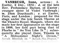 Extract of Irene Vanburgh's Biography from 'Who's Who in the Theatre?'