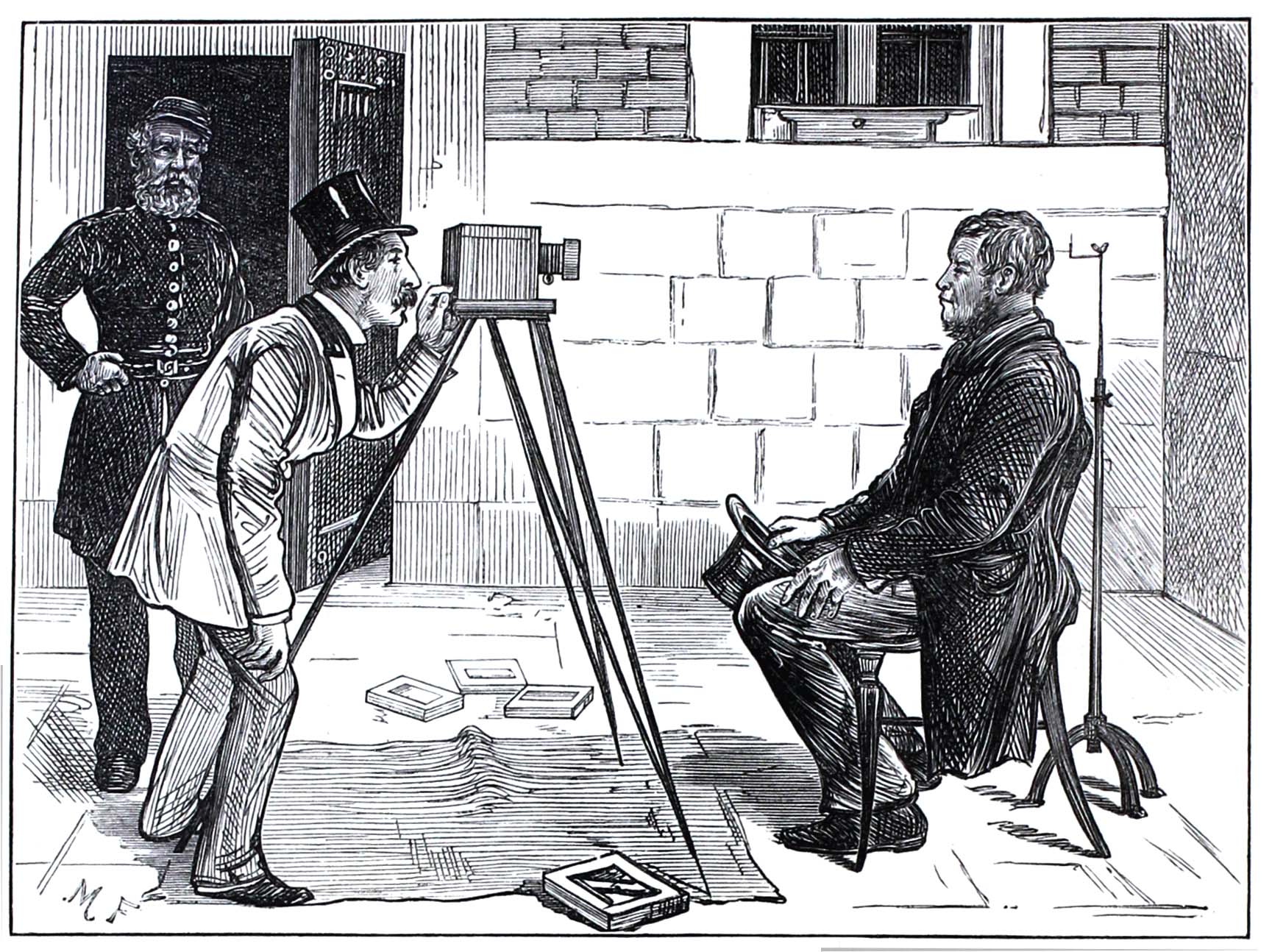 A prisoner at Newgate Prison having his photo taken for the prison records, from 'sketches of Newgate' published in theIllustrated London News in 1873