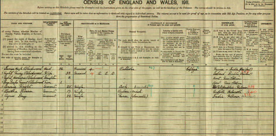 James Blackwood in the 1911 Census