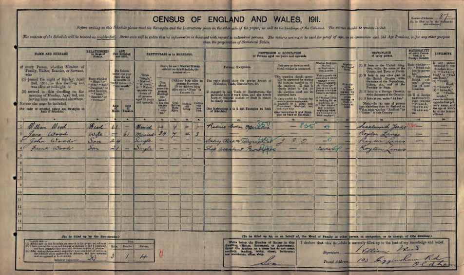 John Wood in the 1911 census