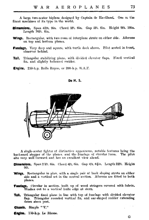 Illustration of a De Havilland 5 biplane in The Flying Book 1918