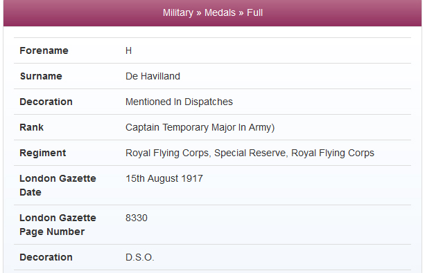 DSO Hereward De Havilland 1917