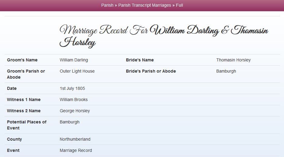 Marriage of William Darling and Thomasin Horsley