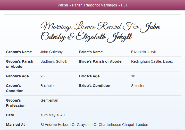 Marriage licence record for John Catesby and Elizabeth Jekyll