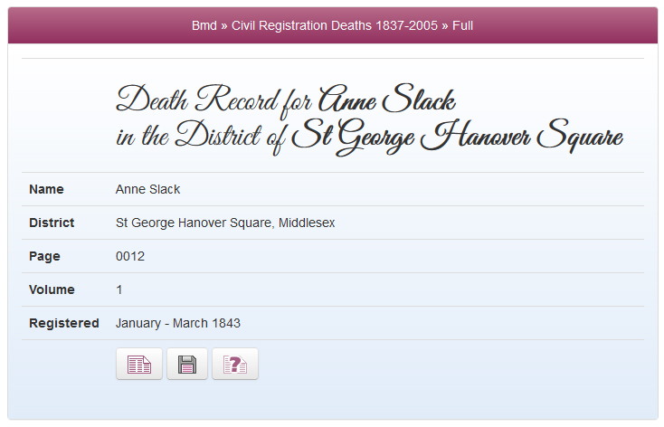 Anne Slack's death record