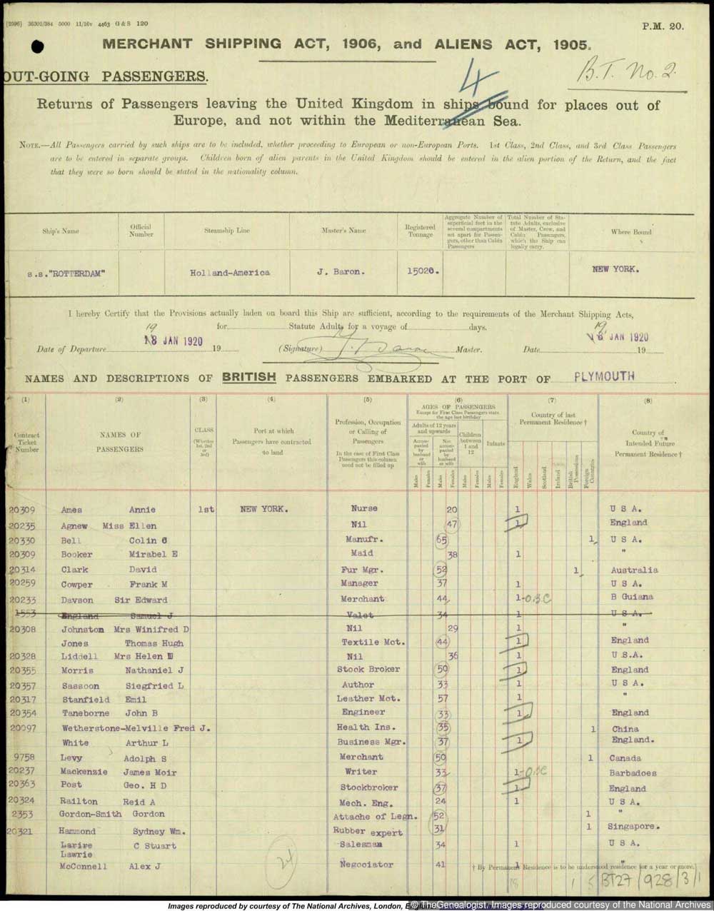 1920 Passenger list to New York
