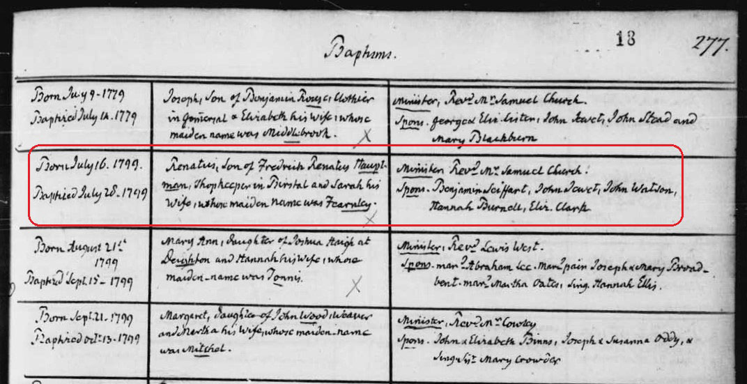 Nonconformist baptism record for Renatus Hauptman