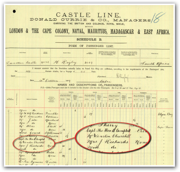Churchill’s record of passage to South Africa on the Castle Line’s RMS Dunottar Castle