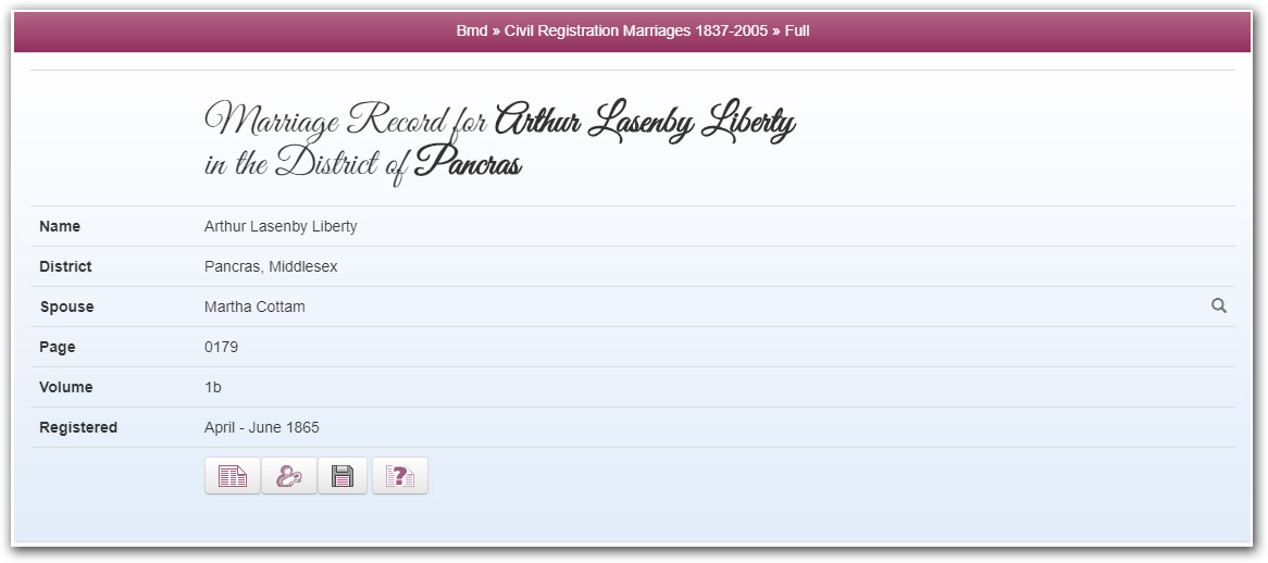 marriage record of Arthur Liberty and Martha Cottam