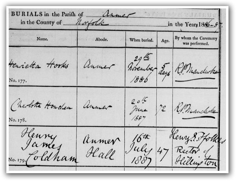 burial record of Henry James Coldham